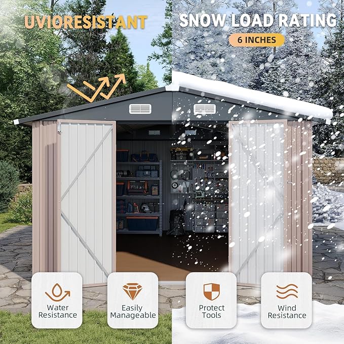 Aoxun 10x12 Shed with Brown Floor Galvanized Steel Outdoor Storage Shed Metal Garden Shed with Moisture-Proof Floor & Ventilation, Sloped Roof for Bike/Generator/Tool Storage (Brown with Floor)