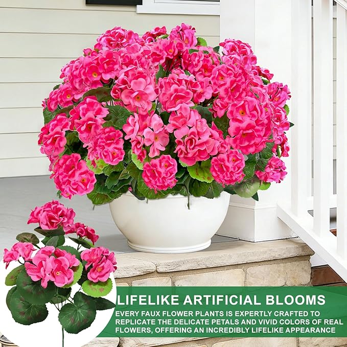 TURNMEON Artificial Geraniums Flowers for Outdoors Summer Decoration, 4 Bundles Fake Flowers Silk Pink Flowers UV Resistant No Fade Faux Plants for Planter Gardens Table Porch Indoor Cemetery Decor