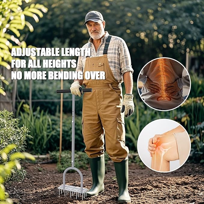 Aerator Lawn Tool Lawn Aerator -Heavy Duty Manual Grass Aerator with 15 Iron Spikes, Height Adjustable, Yard Aerator Tool for Lawn（Light Gray）