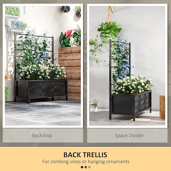 Outsunny Planter Box with Trellis, 35.4 x 15.7 x 47.2 inch Raised Garden Bed with Drainage Holes, Planters for Outdoor Plants, Vegetables, Flowers, Herbs, Trellis Planter, Black