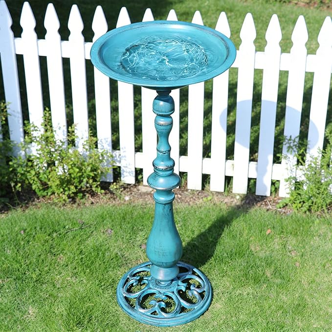 26.6”H×12.3" W Cast Iron Pedestal Bird Bath，Metal Birdbaths Bird Feeder Seed Tray for Garden Yard Decor -Blue.