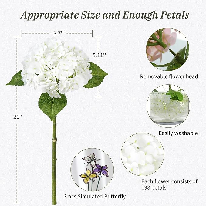 Leftover Hydrangea Artificial Flowers,4 Pcs Real Touch Hydrangea Flowers with 3 Pcs Butterflies for Centerpiece Table Decorations,Floral Arrangements for Coffee Table Decor Living Room Decor
