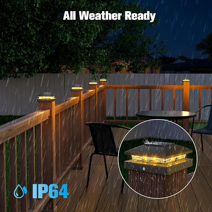 VOLISUN 4x4 Solar Post Cap Light 6pack,Solar Fence - Post Lights Outdoor Waterproof for Wooden/Vinyl Post,Black Deck Post Cap Light Solar Powered with Warm White for Garden/Patio/Porch