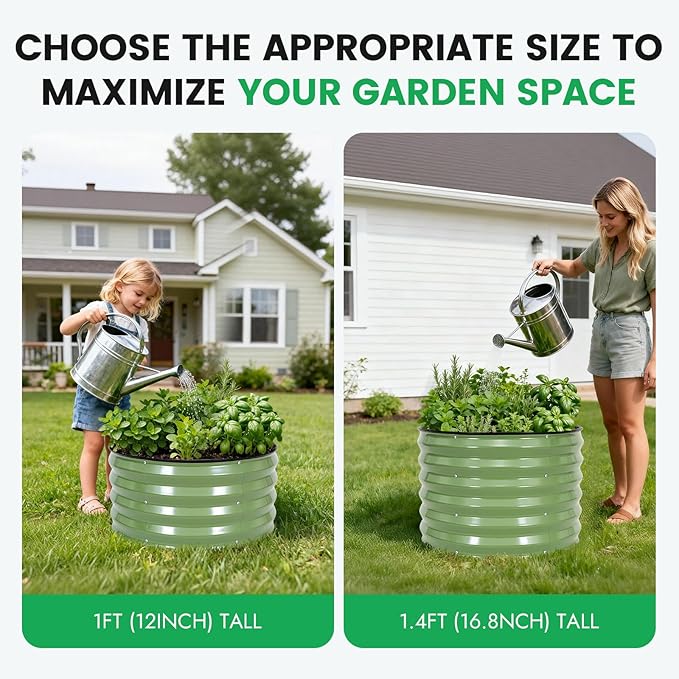 INNO STAGE 3 Pcs Round Galvanized Raised Garden Bed — 2×2×1.4ft Planter Box Outdoor Raised Beds Kit for Gardening Vegetables, Fruits, Herbs, and Flowers, Olive Green