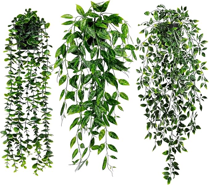 HIHADUUM 3PCS Artificial Hanging Plants with Pots, Faux Hanging Plants Indoor Outdoor, Fake Eucalyptus Vine Plants for Wall Shelf Bathroom Bedroom Living Room Balcony Home Decor