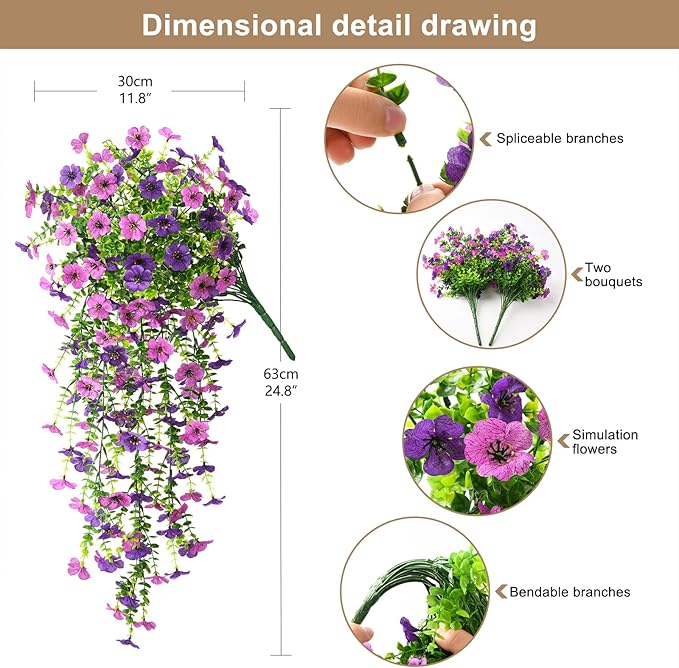 Artificial Hanging Flowers Plants for Outdoor Spring Summer Decoration, 2PCS Faux Silk Daisy UV Resistant Look Real for Outside Home Indoor Planter Porch Garden Yard Decor(Dark Orchid)