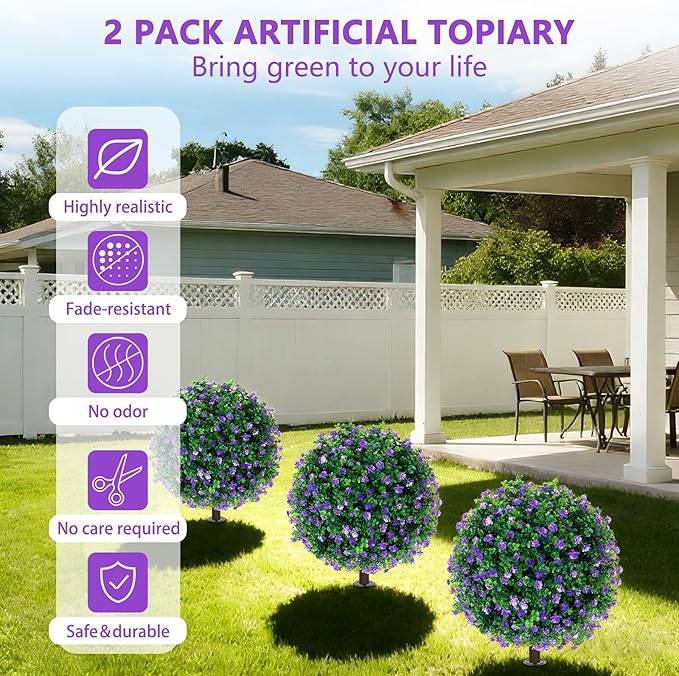 Artificial Purple Flower Topiary Ball Trees with Ground Spike, Set of 2 UV Resistant Artificial Shrubs, Fake Evergreen Artificial Plant Bushes for Indoor Outdoor Front Porch Garden