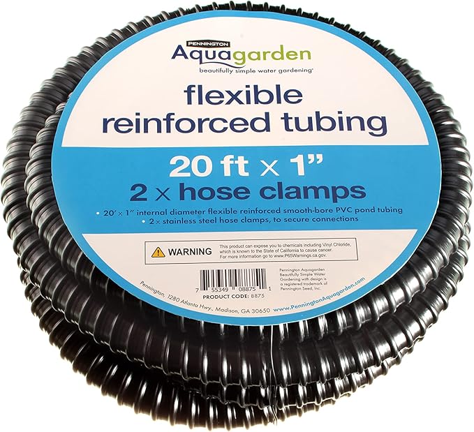 Pennington Aquagarden Aquagarden Flexible Reinforced Pond, 20ft x 1” Internal Diameter, Smooth-bore PVC Pond Tubing, Includes 2 stainless steel Hose Clamps, Corrugated, Tough and Strong