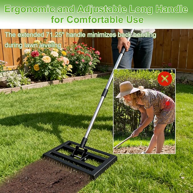 Lawn Leveling Rake 17"x10" for Soil, Gravel Leveling Tool Heavy Duty with Adjustable Long Handle, Garden Level Rake with Tines for Yard, Landscape, Leveling Sand, Grass, Dirt, Ergonomic & Durable