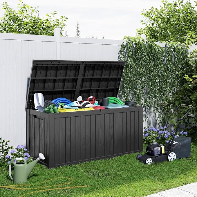 PatioZen 180 Gallon Resin Deck Box, Lockable Patio Outdoor Storage Box for Furniture, Garden Tools and Tools Storage, Waterproof Outside Storage Boxes - Black