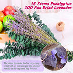 115 Pcs Eucalyptus Stems & Lavenders Flowers Bundles for Shower, 17'' Upgrade Hanging Shower Plant, Natural Real Eucalyptus Leaves Lavenders Stems with Chrysanthemums, Fragrant Bathroom Decor