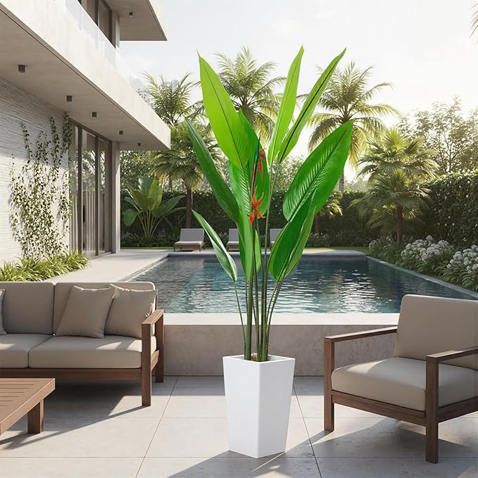 5.7FT Artificial Bird of Paradise Plant, Faux Evergreen Tropical Floor Plant in White Tall Planter, Decorative Banana Tree Indoor for Home Living Room Entryway Porch Office