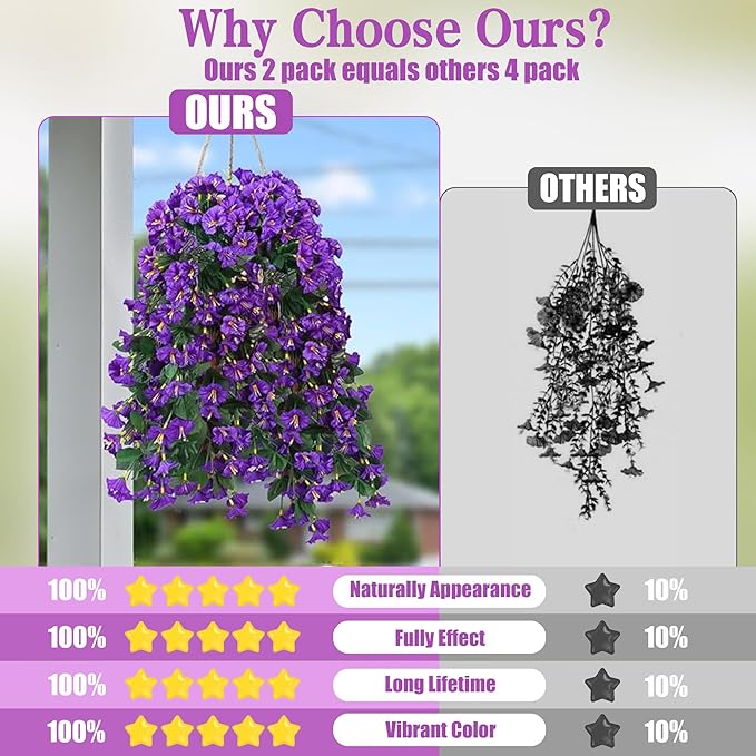 Sggvecsy Artificial Fake Hanging Flowers Plants for Outdoor Outside Spring Summer Decoration 2PCS Faux Silk UV Resistant Realistic Morning Glory Trailing Vines for Home Porch Patio Balcony(Purple)