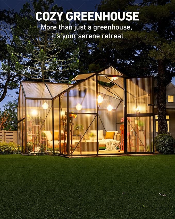12x12 FT T-Shape Greenhouses, Polycarbonate Green House with UV Protection, Heavy Duty Greenhouse with Windproof Aluminum Frame, Roof Vent & Quick-Install Design for Backyard or Garden Use
