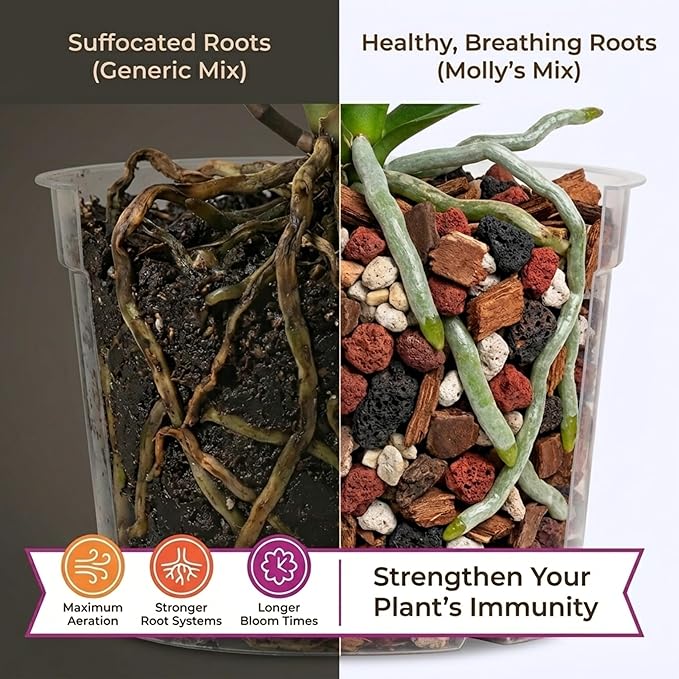 Molly's Orchid Potting Mix - Premium Gritty Soilless Orchid Mix - Chunky High Drainage vs Standard Potting Soil for Indoor Plants - Contains Bark, Coco Chips, Akadama, Pumice, Lava Rock 5 Dry Quarts