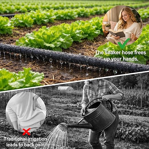 MIXC 80% Water Savings Drip Irrigation System Kit – 100ft 1/4" Soaker Hose & 10ft 1/2" Main Tubing with Connectors, Automatic Watering System for Large Vegetable Garden, Lawn, Raised Bed, Greenhouse