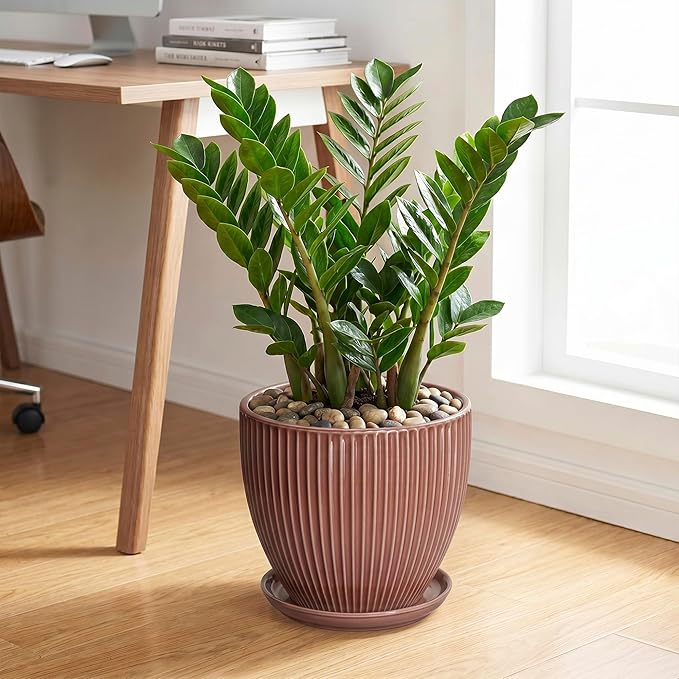 10 Inch Planter, Ceramic Flower Pot with Drainage Hole and Saucer, Round Indoor Plant Pots for Large Plants, Modern Decorative Planter, Home Kitchen Decor, Gifts for Men Women, Rust Red