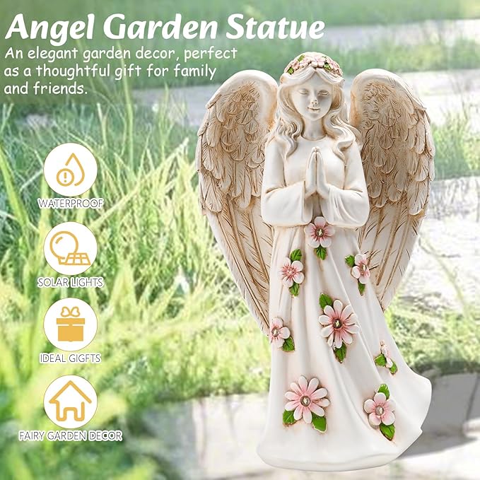 Angel Statue for Garden - 9.65 inches Guardian Solar Outdoor Statue, Praying Anel Statues Gardening Gifts Lawn Ornaments Figurines Outdoor Yard Decor for Mom, Grandma