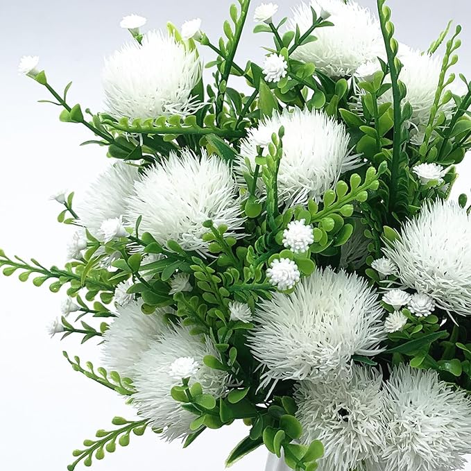 Fake White Dandelion Flowers Simulated Ball Flower Ornaments, Artificial Plant Plastic Faux Greenery Indoor Home Decor Outdoor Garden Wedding Party Christmas Vase Planter Filler DIY Decoration 4 Pack