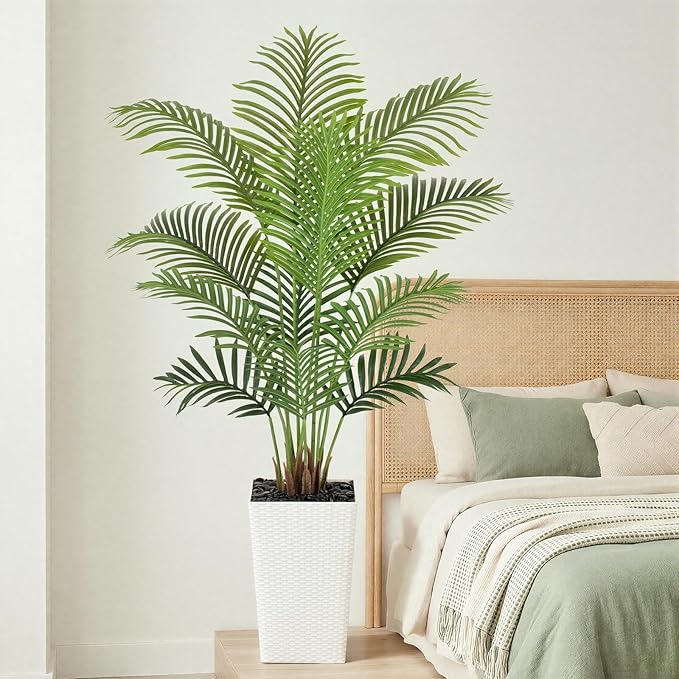5ft Artificial Palm Tree with White Planter - Tall Fake Palm Tree Indoor Fake Tropical Plant for Home Office Living Room Bedroom Modern Decor