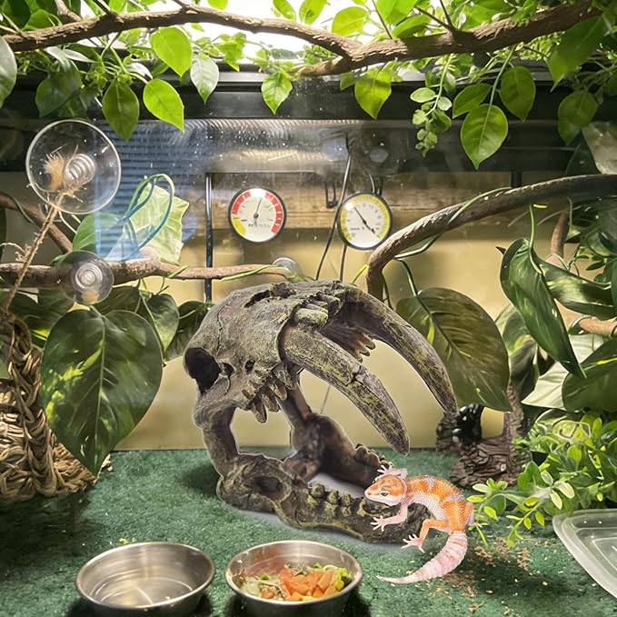 Resin Skull Habitat Hideout Cave Decor Reptile Hammock Lizard Lounger Bearded Dragon Tank Accessories Reptiles Hanging Vine Bendable Jungle Climbing Plant Terrarium Decoration(4PCS)