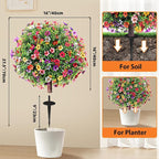 27.5" Artificial Flowers Boxwood Topiary Ball Tree Set of 2, UV Resistant Fake Bushes Shrubs with Ground Spike, Faux Evergreen Tree for Front Porch Outdoor Garden Decor