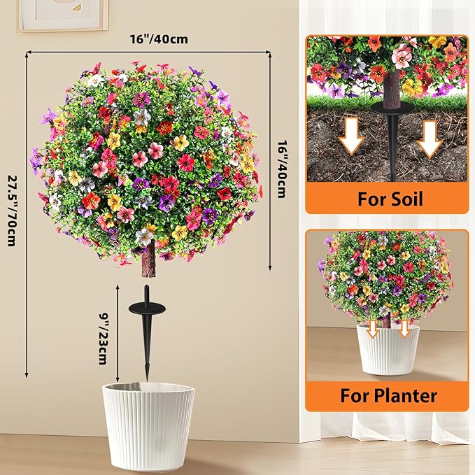 27.5" Artificial Flowers Boxwood Topiary Ball Tree Set of 2, UV Resistant Fake Bushes Shrubs with Ground Spike, Faux Evergreen Tree for Front Porch Outdoor Garden Decor