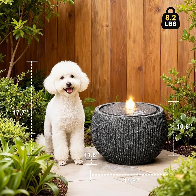 10.6" H Modern Round Outdoor Water Fountain with 3000K LED Lights, Minimalist Sphere Garden Waterfall with Soothing 55dB Sound for Patio, Deck, Porch, Backyard and Zen Indoor Decor