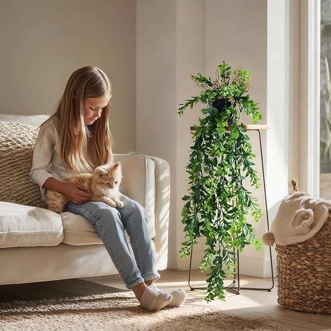 2 Pcs Faux Eucalyptus Vine Ivy Vine Artificial Hanging Plant Faux Plant Fake Potted Greenery for Wall Living Room Home Shelf Office Bathroom Outdoor Indoor Decor (Type 4)