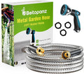 Garden Hose 25 ft, Stainless Steel Metal Water Hose with Nozzle, Flexible and Durable, Rust Proof, No-Kink, Heavy Duty, Leakproof 3/4'' Brass Fittings, Lightweight Hose for Patio, Lawn