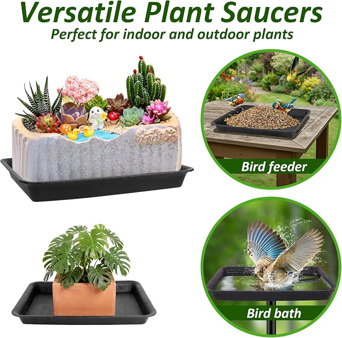 PeoMev 6PCS Plant Saucers for Indoors - 6 8 10 Inch Plastic Plant Trays for Pots Rectangle Plant Plates to Catch Water