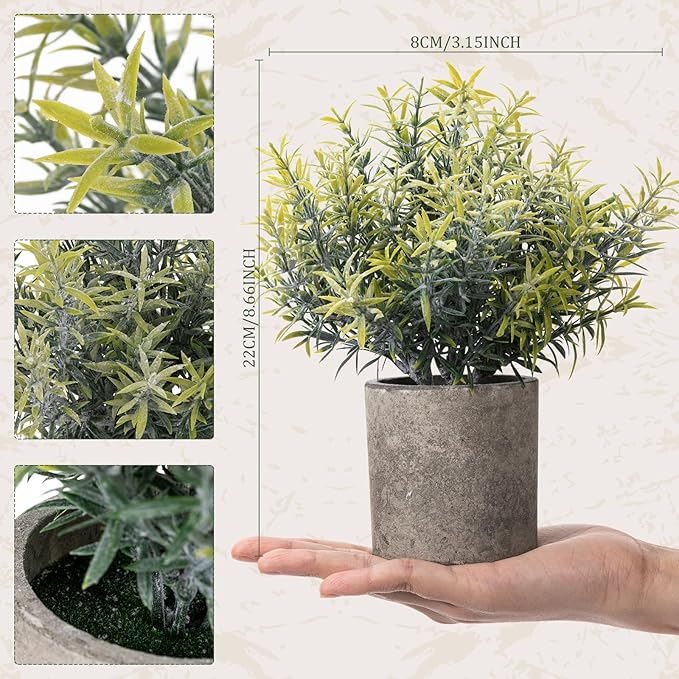 Chunful 6 Pcs Small Fake Plants Potted Faux Mini Artificial Plants Rosemary Babys Breath Artificial Flowers Farmhouse Table Centerpiece Decoration for Living Room Desk Shelves Bathroom Bedroom Office
