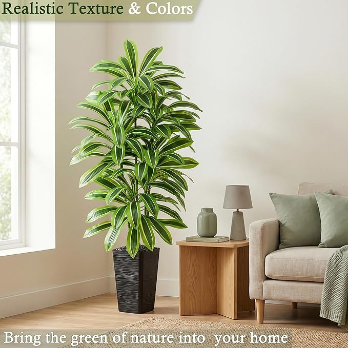 Artificial Dracaena Tree：6FT Faux Silk Tropical Yucca Floor Trees Realistic Fake Green Plant with Natural Wood Trunk & Lifelike Leaves for Home Office Decor Indoor & Outdoor (6FT,1-Pack,Black)