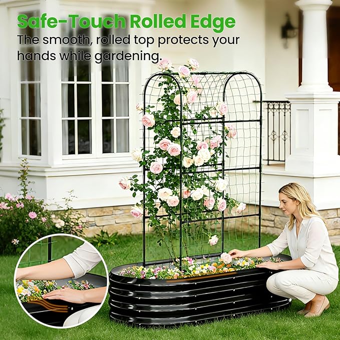DoCred 2 in 1 Galvanized Raised Garden Bed, 2Pcs Garden Planter Box with 71" H Trellis for Climbing Plants, Outdoor Gardening Raised Beds with Climbing Net for Fruits, Vegetables, Flower (Black)