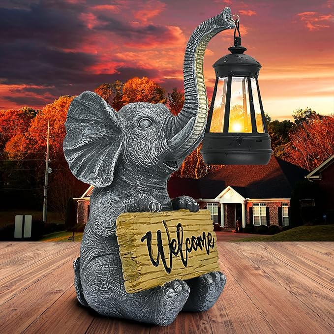Outdoor Elephant Statues Solar Garden Decor Lights - Elephant Decoration for Garden, Balcony, Patio, Yard, Lawn - Housewarming, Fathers Day, Unique Birthday Gifts for Women Mom Grandma(Black)