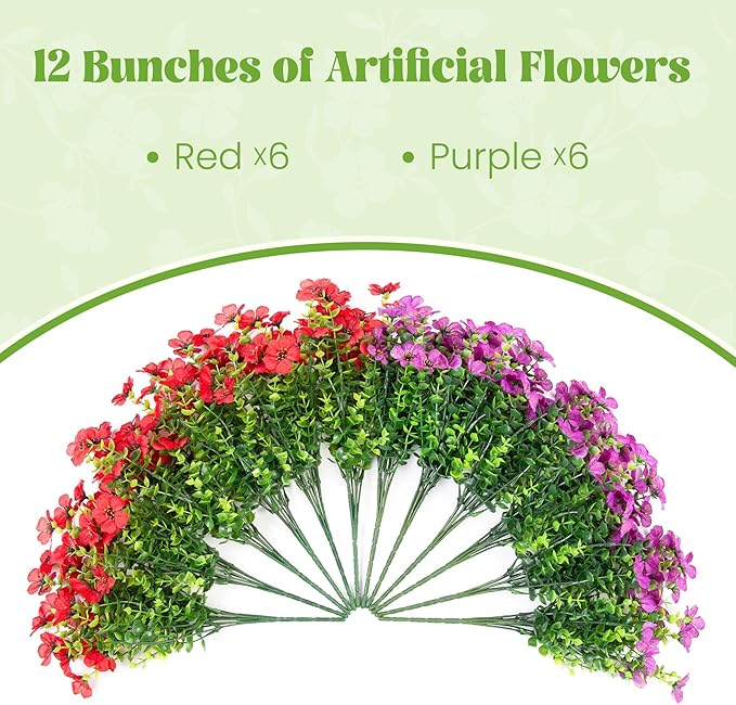 Ammyoo Artificial Fake Plants Flowers for Outdoor Spring Summer Decor, 12 Bundles Faux Silk Daisy for Planter Pot Colorful UV Resistant Look Real for Front Door Porch Patio Outside Yard(Purple Red)