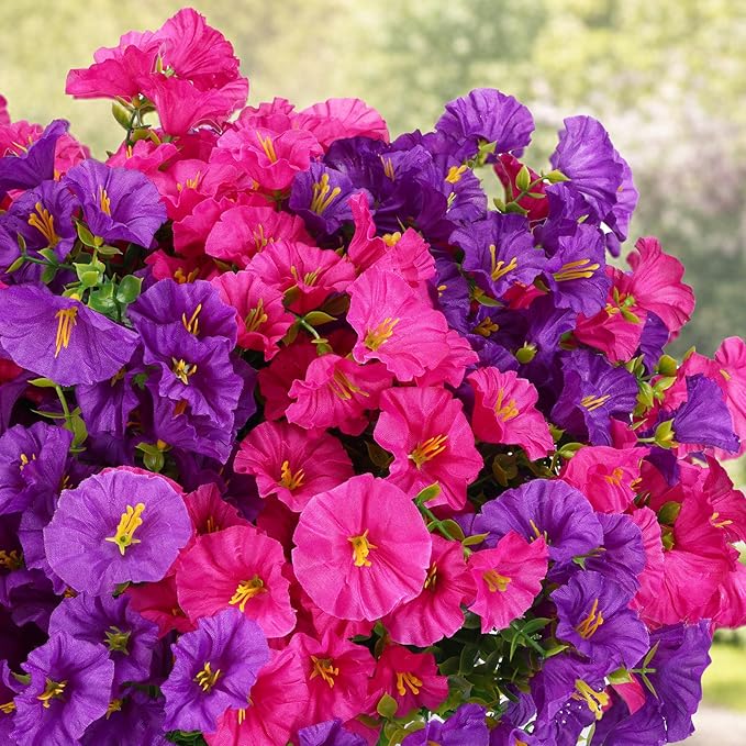 CEWOR 12 Bundles Artificial Flowers for Outdoor Indoor, Fake Silk Morning Glory with Eucalyptus Leaves, Faux Flower for Garden Front Door Porch Planter Patio Home Decor (Purple Fuchsia)