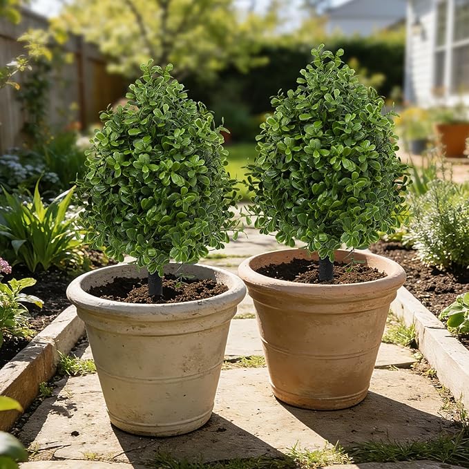 Bdor 22" Artificial Boxwood Topiary Ball Trees, Outdoor Artificial Plant Set of 2 with Ground Stakes, UV Resistant Simulated Evergreen Fake Shrub for Indoor/Outdoor Lawns, Garden Decor