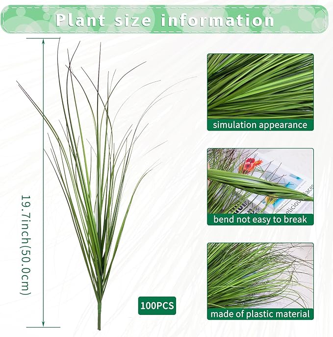 100Pcs Artificial Grass Plants Outdoor Faux Shrubs Wheat Grass Green Onion Grass Artificial Greenery Tall Stems for Indoor Outdoor Office Home Decor（Green Red Tail）