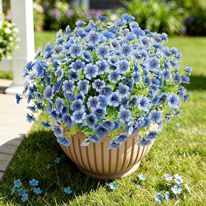 ATTGREAT Artificial Flowers Outdoor Faux Plants UV Resistant Fake Patio Flowers Plastic Greenery Plnats Outside Bulk for Spring Garden Hanging Planter Home Vase Decor, 24 Bundles (Blue)