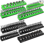 Magnetic Socket Organizer Holder Tool: 8PCS Set includes 2PCS 1/4", 4PCS 3/8", 2PCS 1/2" Drive Socket Storage Trays Toolboxs, Holding 199 Slots Soft Rubber Covering Black Green (sockets not included)
