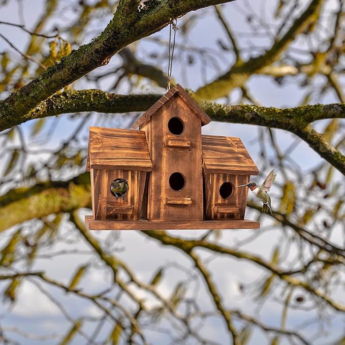 COLEBA Bird Houses for Outside, Outdoor 4 Hole Bird House Room for 4 Bird Families Bluebird Finch Cardinals Hanging Birdhouse for Garden