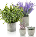 ALAGIRLS 4 Packs Fake Plants Small Artificial Plants for Shelf Lavender Flowers Eucalyptus Succulents Plants Potted Faux Plants for Home Indoor Office Bathroom Living Room Decor