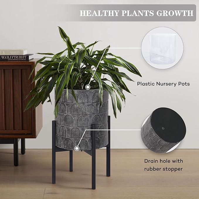 Oakrain Planters for Indoor Plants, Set of 2 Modern Planter with Stand, Decorative Metal Planter Pots for Living Room, Office, Garden, Balcony, 8"&10", Rustic Gray