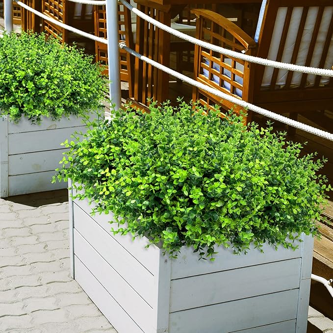 24 Bundles Greenery Artificial Plants Outdoors, Eucalyptus Stems UV Resistant Fake Foliage Plants Faux Boxwood Shrubs Indoor Decorations Artificial Flowers for Garden Pot Porch Fence Hanging Planter