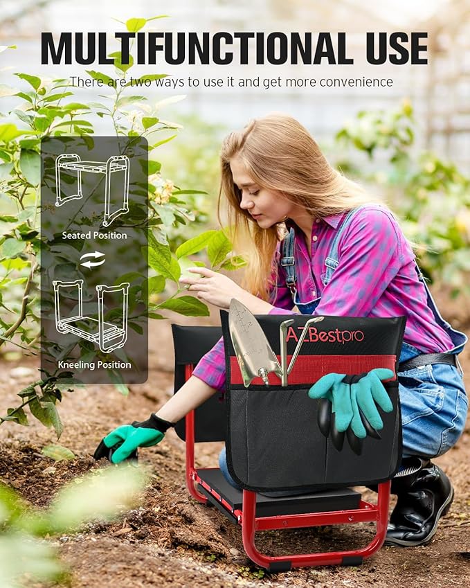 AZBESTPRO Garden Kneeler and Seat Heavy Duty,Upgraded Foldable Gardening Stool Widened to 10" Stable Wear-Resistant Prevent Knee and Back Pain, Bench High-End 2 Large Tool Bags Gift for Women