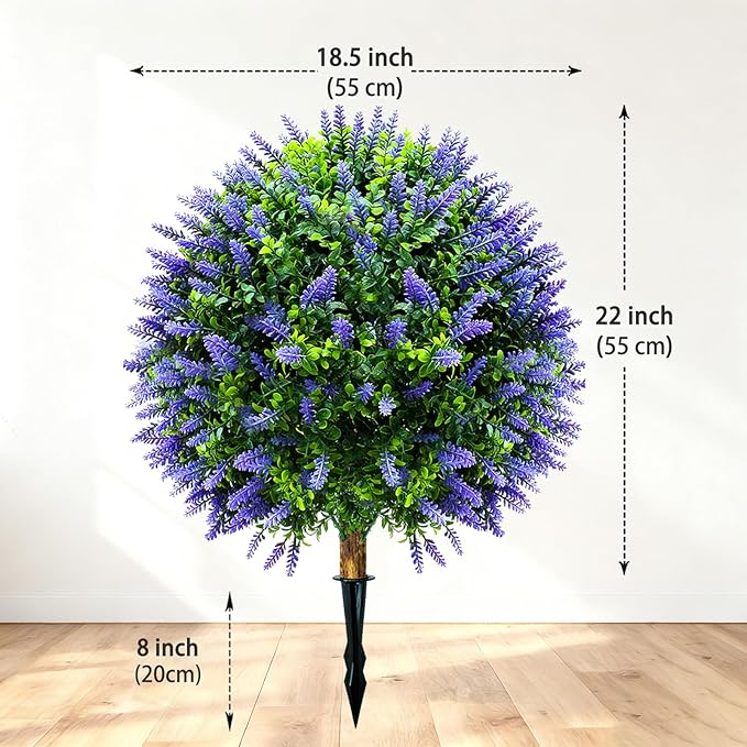 Artificial Lavender Topiary Ball Trees (2-Pack) - 30" UV Resistant Fake Plants with Ground Spike for Indoor & Outdoor Use, Front Porch, Garden Decor