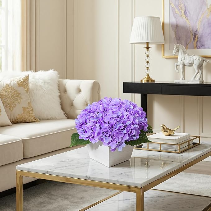 Artificial Hydrangea Flowers Arrangement in Wood Planter, 4PCS Fake Purple Flowers in Wooden Vase Potted Floral Centerpieces for Tables Living Room Home Office Room Shelf Kitchen Decor