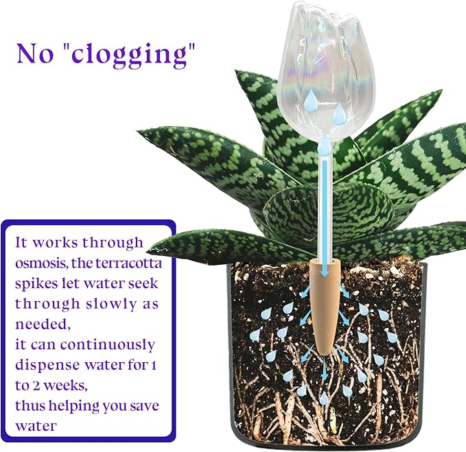HyJeryty 3 Pack Non-Clogging Iridescent Tulip Plant Watering Globes with Terracotta Spikes, Hand Blown Glass Self Watering Planter Insert Plant Watering Devices Bulbs for Indoor and Outdoor Plants