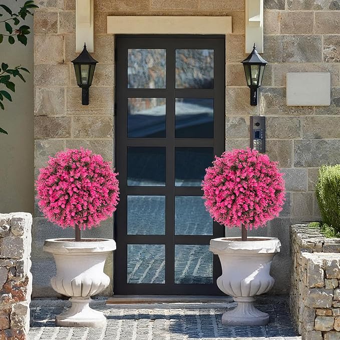 AOKIIE Set of 2 Artificial Pink Boxwood Topiary Ball Tree for Outdoor with Ground Spike, 22" UV Resistant Faux Greenery Shrubs, Fake Plants for Garden Yard Porch Patio(Pink)